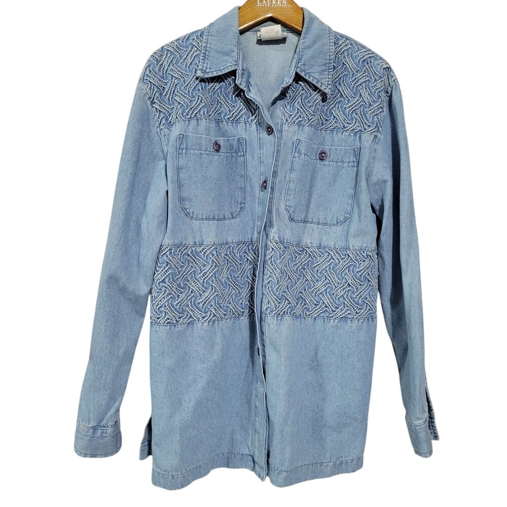 Vintage Saint Germain Paris Denim Button Up Top Womens Small Blue Shoulder Pads
